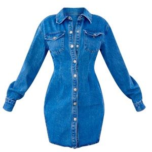 Mid Wash Cinched Waist Long Sleeve Denim Dress